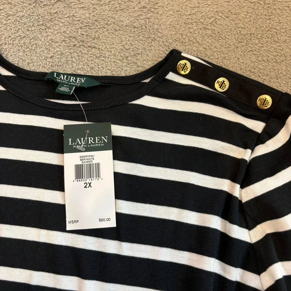 NWT Lauren Ralph Lauren Black White Striped Gold Button Shoulder Top 2X Nautical - Picture 3 of 10